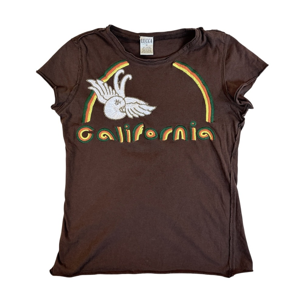 Lucca T-Shirt Women Medium Brown California Embroidered Bird Graphic Tee